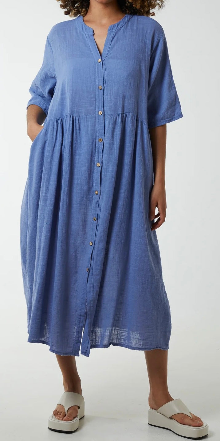 Plain Denim Blue Linen Mix Button Shirt Dress