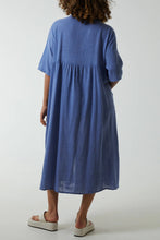 Plain Denim Blue Linen Mix Button Shirt Dress