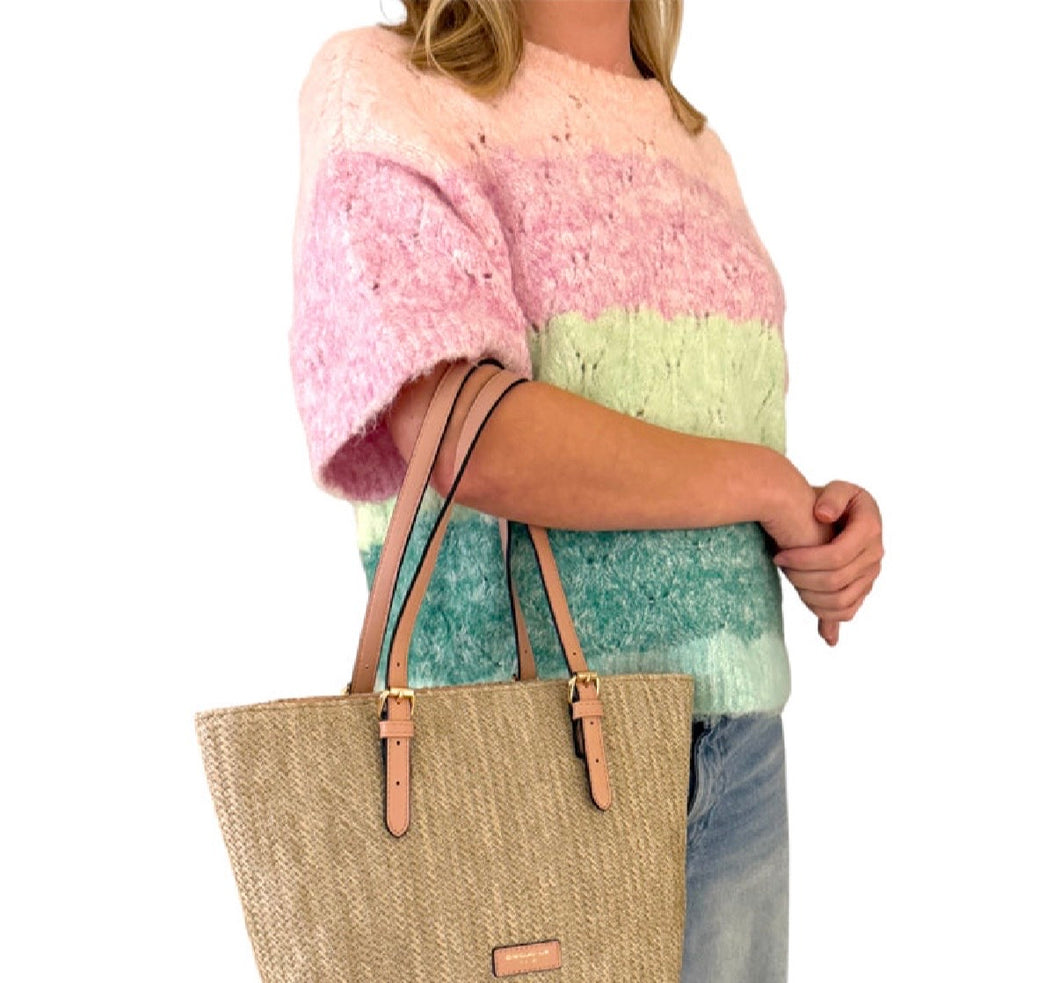 David Jones 7051-5 Rattan Large Shopper Style Handbag With Blush Pink Coloured Trim
