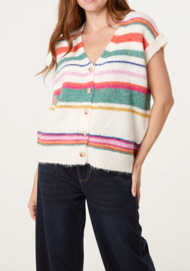 Cream Multi Striped Colourful Knit Vest Style Cardigan