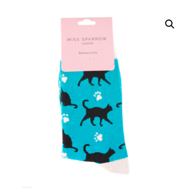 Miss Sparrow SKS473 Teal Cat And Paw Prints Bamboo Socks