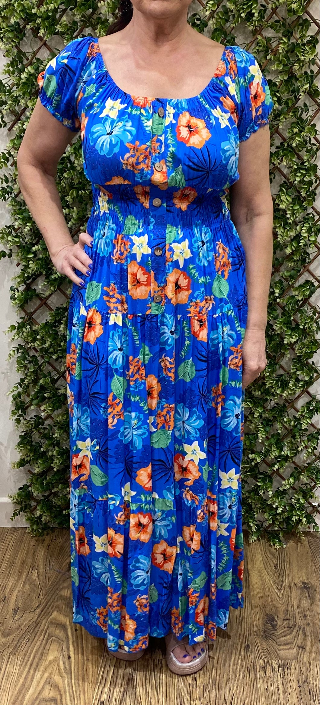 New Royal Blue Summer Flowers Print Bardot Maxi Dress