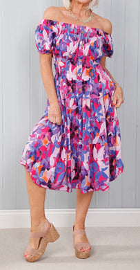 Purple Multi Abstract Summer Leaf Print Midi Bardot Dress