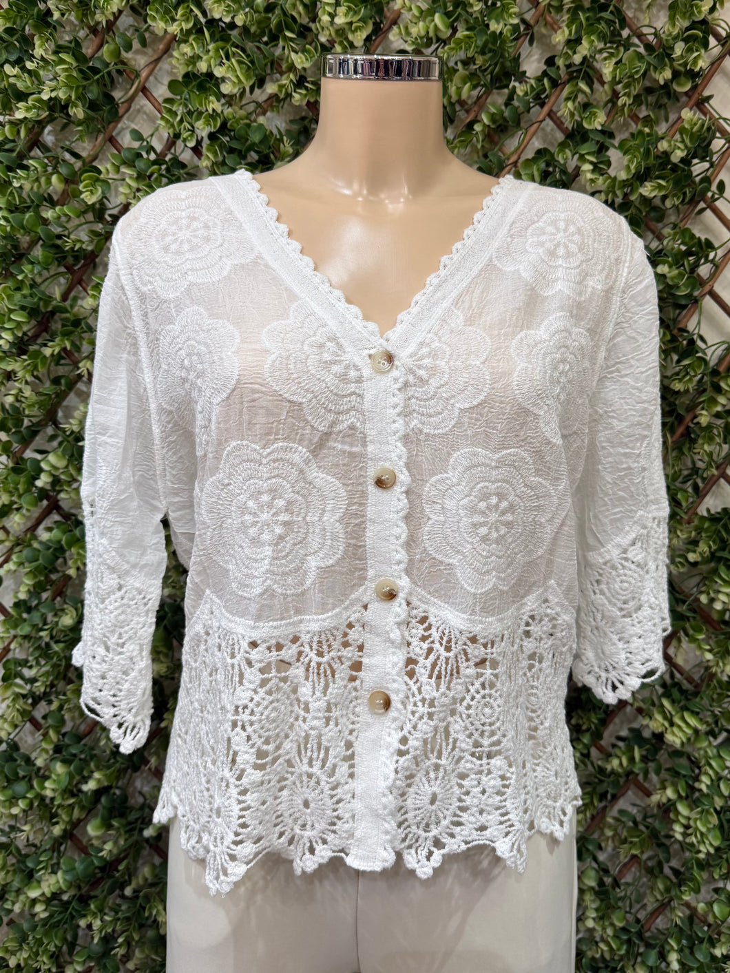 Plain Cotton Lace Detail Button Front Top (5 Colours)