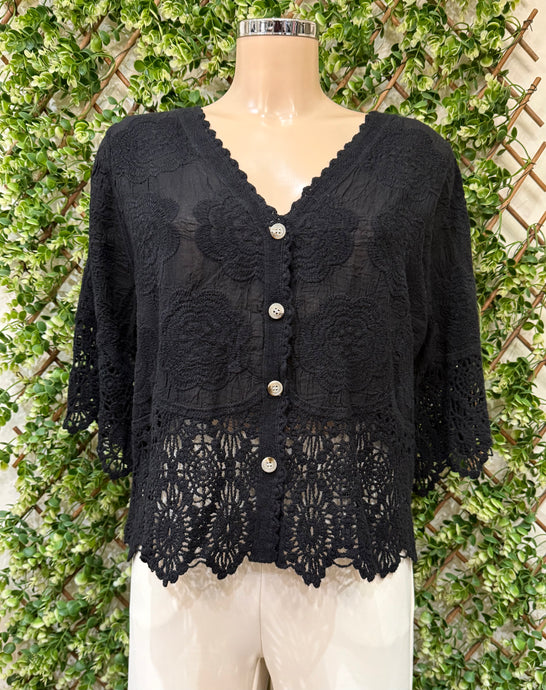 Plain Cotton Lace Detail Button Front Top (5 Colours)