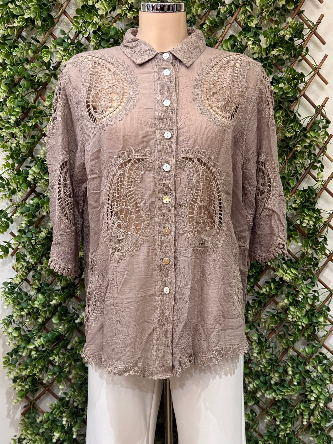 Plain Cotton Lace Paisley Embroidered Design Shirt (3 Colours)