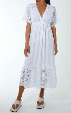 White Lace Tiered Midi Dress