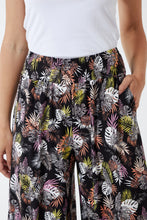 Shirring Waist Wide Leg Black Multicoloured Tropical Leaf Print Trousers