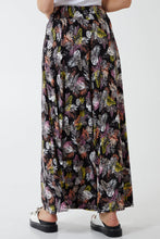 Shirring Waist Wide Leg Black Multicoloured Tropical Leaf Print Trousers