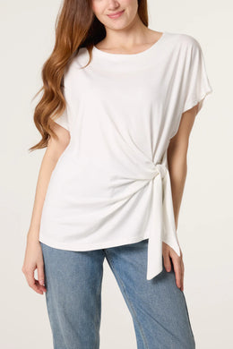 Plain Ivory Jersey Stretchy Tie Side Short Sleeve Top
