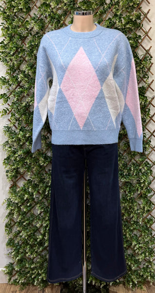 Spring Stretchy Crew Neck Light Blue Argyle Jumper