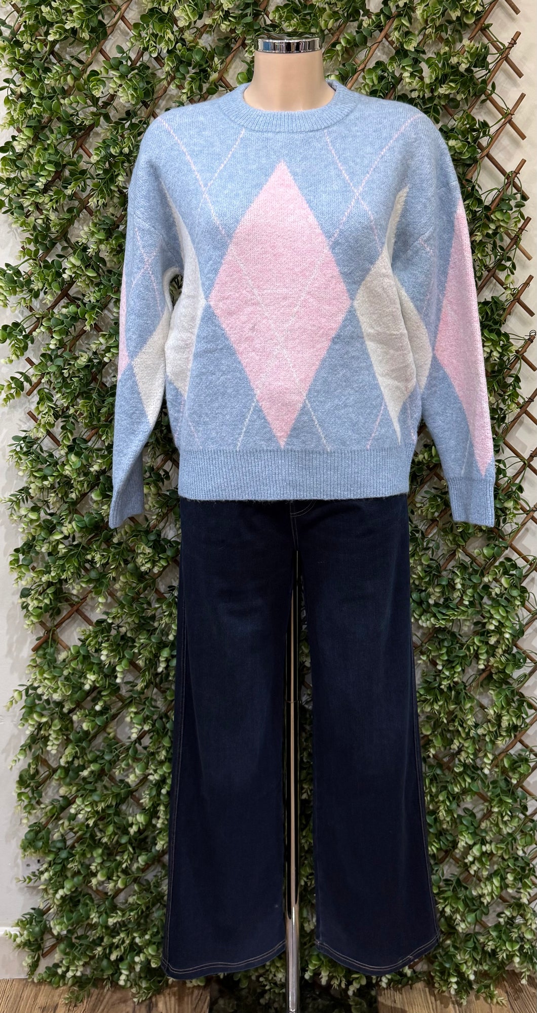 Spring Stretchy Crew Neck Light Blue Argyle Jumper