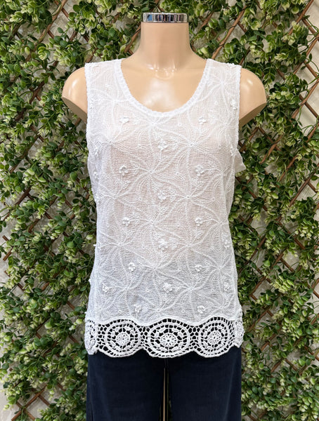 Plain Cotton Embroidered And Crochet Detail Sleeveless Top (3 Colours)