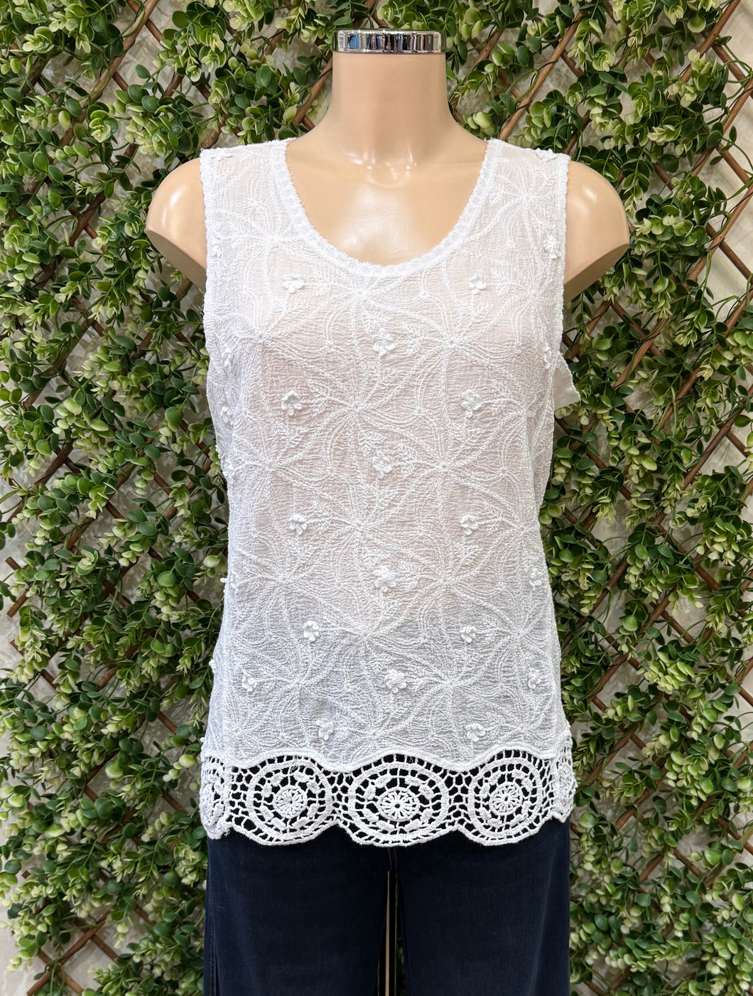Plain Cotton Embroidered And Crochet Detail Sleeveless Top (3 Colours)