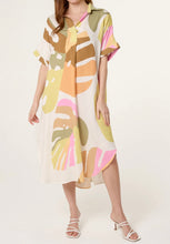 Abstract Leaf Print Multicoloured Open Collar Midi Dress With Pockets