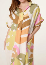 Abstract Leaf Print Multicoloured Open Collar Midi Dress With Pockets