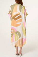 Abstract Leaf Print Multicoloured Open Collar Midi Dress With Pockets