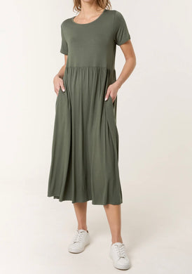 Plain Stretchy Tiered Midi Dress With Pockets (2 Colours)