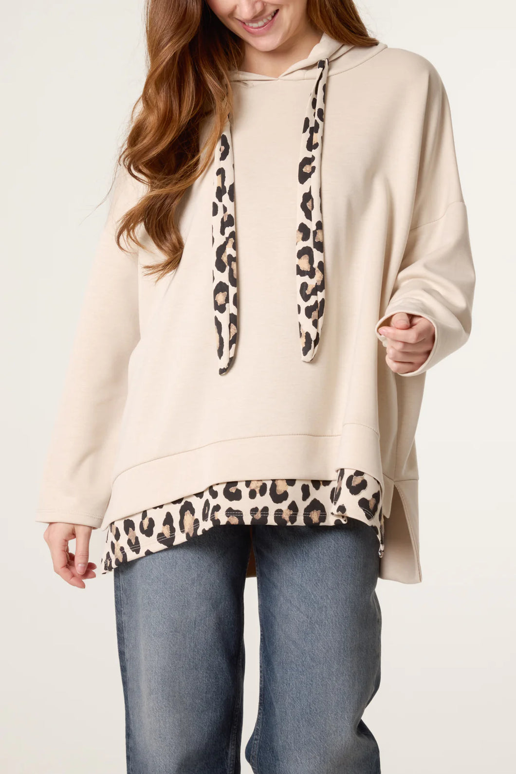 Hooded Sweatshirt With A Leopard Print Trim(2 Colours)
