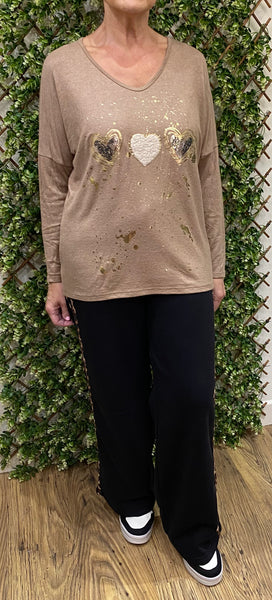 Marley V-Neck Camel Triple Heart Foil Design Stretchy Fine Knit Jumper