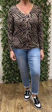 Maya Mocca V-Neck Zebra Print Jumper