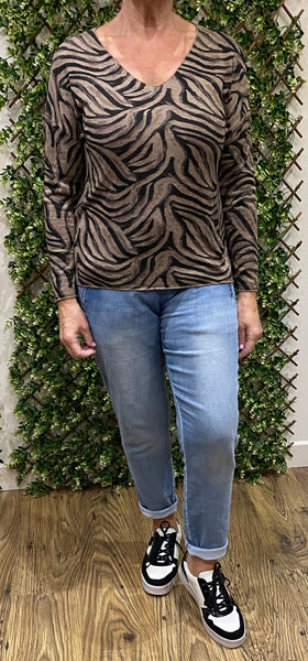 Maya Mocca V-Neck Zebra Print Jumper