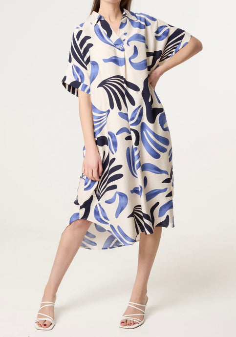 Blue Monstera Leaf Print Dress