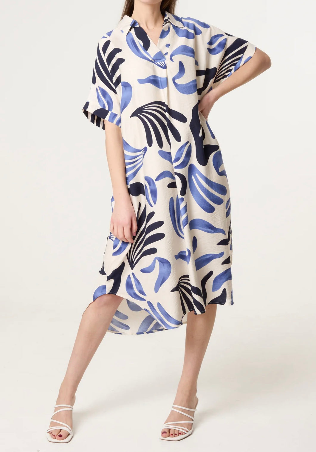 Blue Monstera Leaf Print Dress