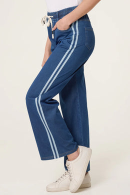 Side Stripe Wide Leg Stretchy Mid Wash Denim Jeans
