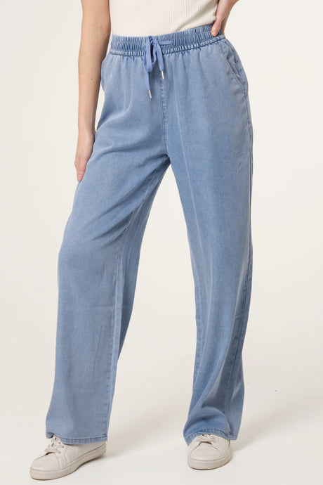 Acid Wash Wide Leg Elastic Drawstring Waist Jeans