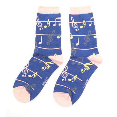 Miss Sparrow Bamboo Denim Blue Music Notes Socks