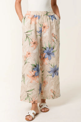 Linen Vintage Flower Print Wide Leg Trousers (3 Colours)