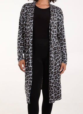 Grey Leopard Print Design Longline Cardigan