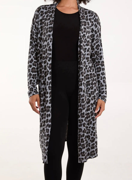Grey Leopard Print Design Longline Cardigan