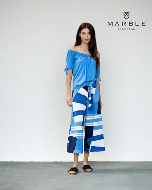 Marble 6182 Geometric Print Blue And White Cropped Wide Leg Cropped Trousers