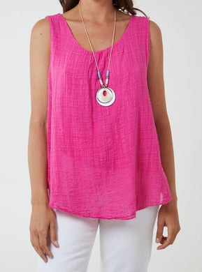 Plain Fuchsia Double Layer Sleeveless Vest Style Top With Necklace