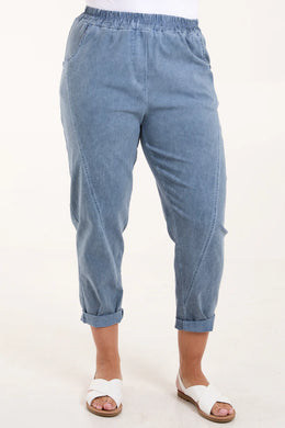 Plain Light Denim Blue Magic Stretchy Relaxed Fit Washed Effect Trousers