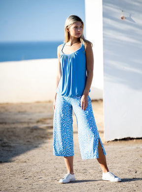 Marble 7412 Powder Blue And White Print Stretchy Cropped Wide Leg Trousers