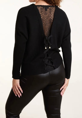 V-Lace Back Plain Black  Ribbed Pearl Ribbon Tie Jumper