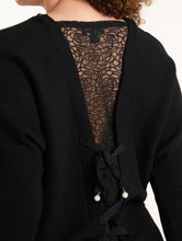 V-Lace Back Plain Black  Ribbed Pearl Ribbon Tie Jumper