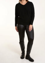 V-Lace Back Plain Black  Ribbed Pearl Ribbon Tie Jumper