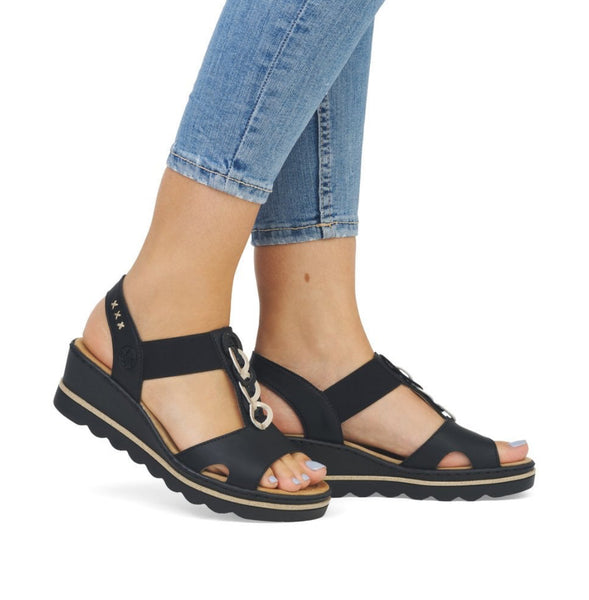 Rieker 67498-00 Luzern Black And Light Gold Elasticated Low Wedge Sandals