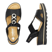 Rieker 67498-00 Luzern Black And Light Gold Elasticated Low Wedge Sandals
