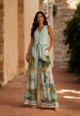 Saffron Satin Landscape Watercolour Print  Wide Leg Trousers (4 Colours)