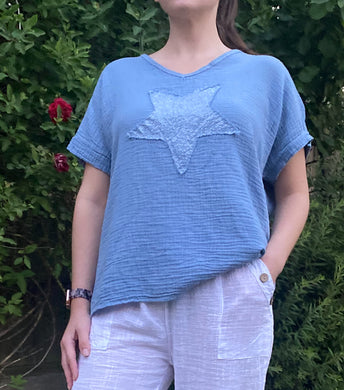 Suzie Plain Denim Blue Cotton Waffle Effect Star Top