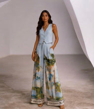 Saffron Satin Landscape Watercolour Print  Wide Leg Trousers (5 Colours)