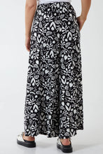 Floral Print Black And White Shirring Waist Stretchy Wide Leg Trousers