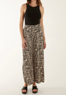 Black And Beige Printed Stretchy Shirred Waist Wide Leg Trousers