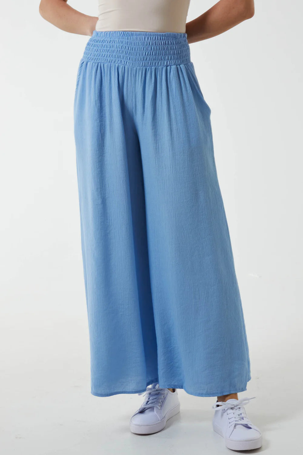 Plain Crinkle Effect Shirred Waist Wide Leg Trousers 2 Colours Missy Online Shoes Fashion Accessories Based in Leeds