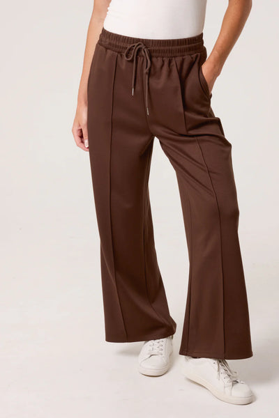Plain Chocolate Pintuck Wide Leg Jogger Style Trousers